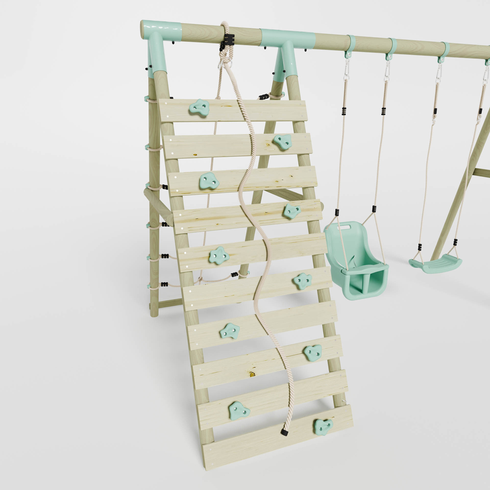Mercia Wooden Round Pole Single Swing and Baby Seat Swing Set with Climbing Wall Image 8
