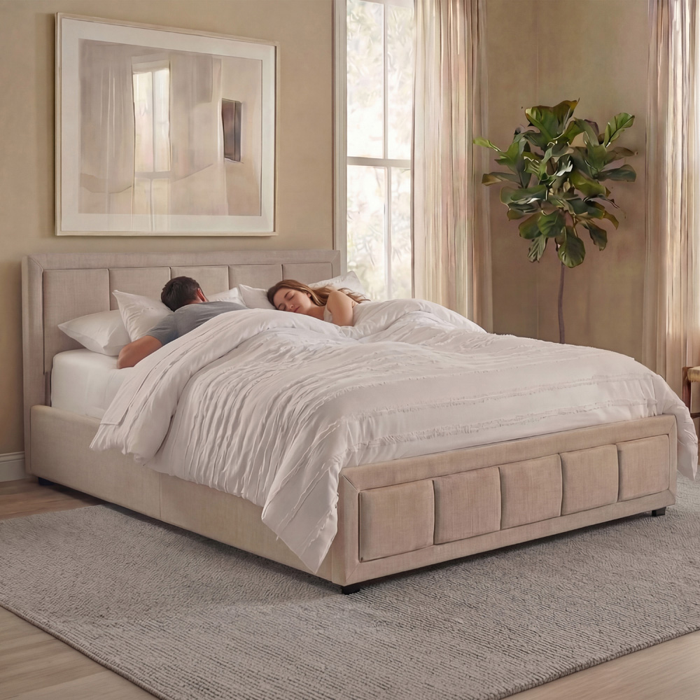 VIDA DESIGNS Vanita Double Beige Linen Ottoman Bed with Padded Headboard Image 4