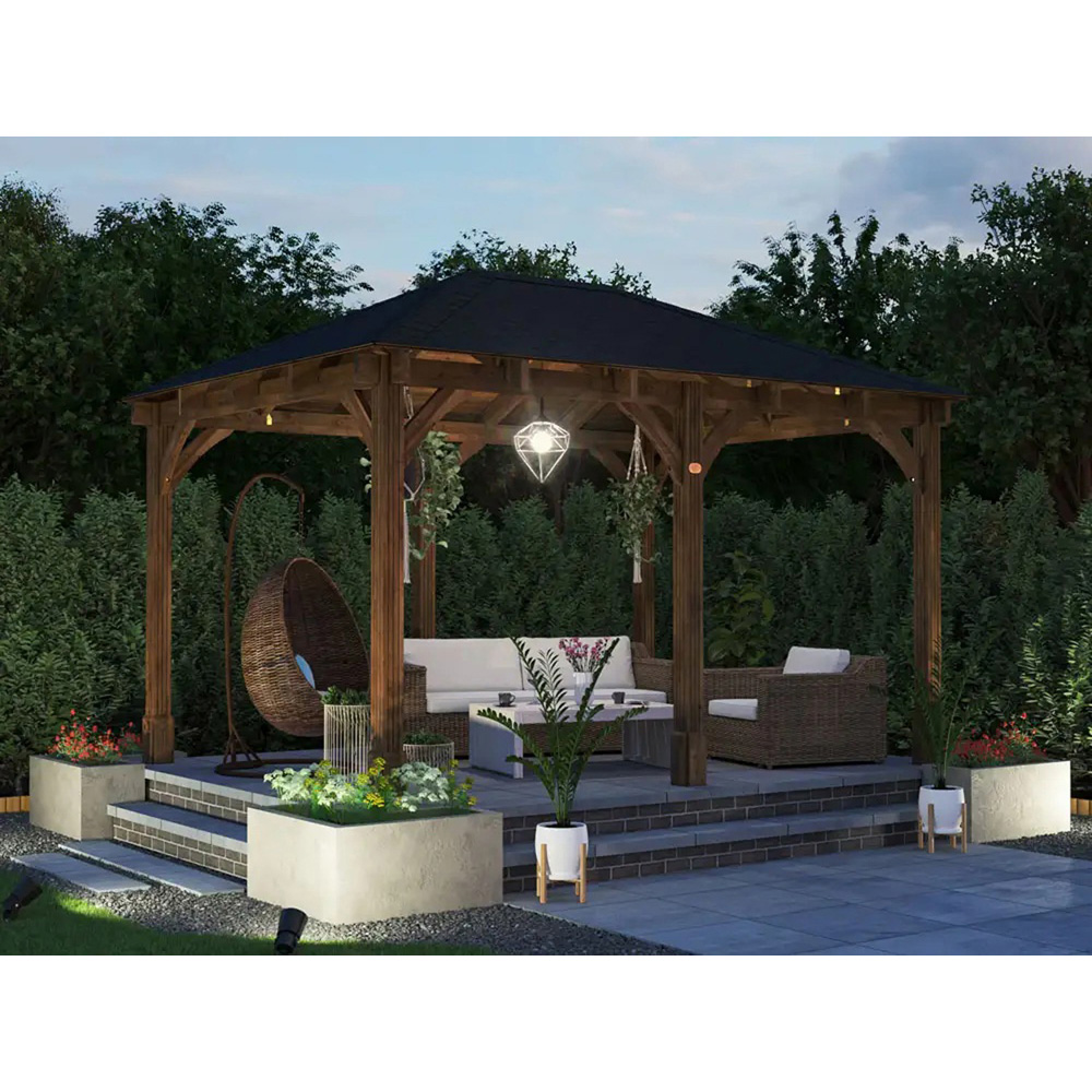 Dunster House Leviathan 4 x 3m Brown Wooden Garden Gazebo with Heavy Duty Roof Shingles Image 4