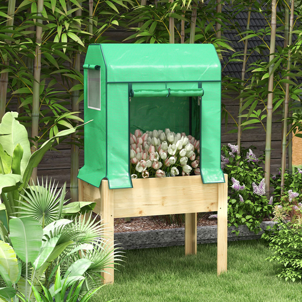 Outsunny Wooden Raised Planter with PE Greenhouse Cover and Bed Liner Image 2