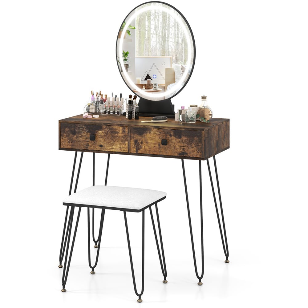 Costway Rustic Brown Vanity Desk Set with LED Mirror and Cushioned Stool Image 3