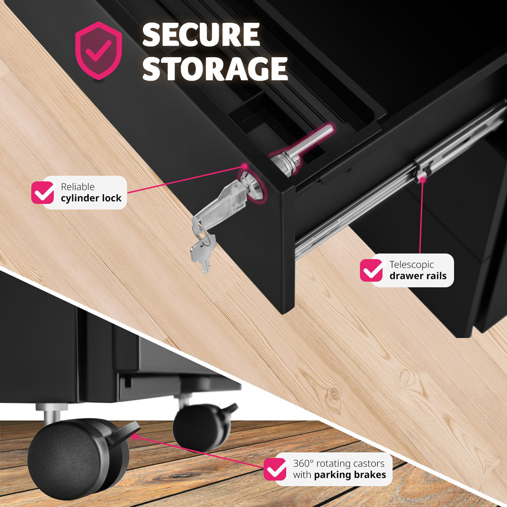 tectake Magna 3 Drawers Black Lockable Chest of Drawers Image 4