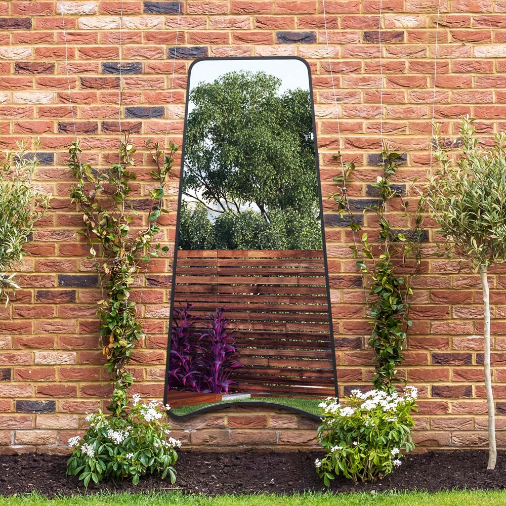 MirrorOutlet The Coartans Black Metal Trapezoid Outdoor Garden Wall Mirror 200 x 85cm Image 7