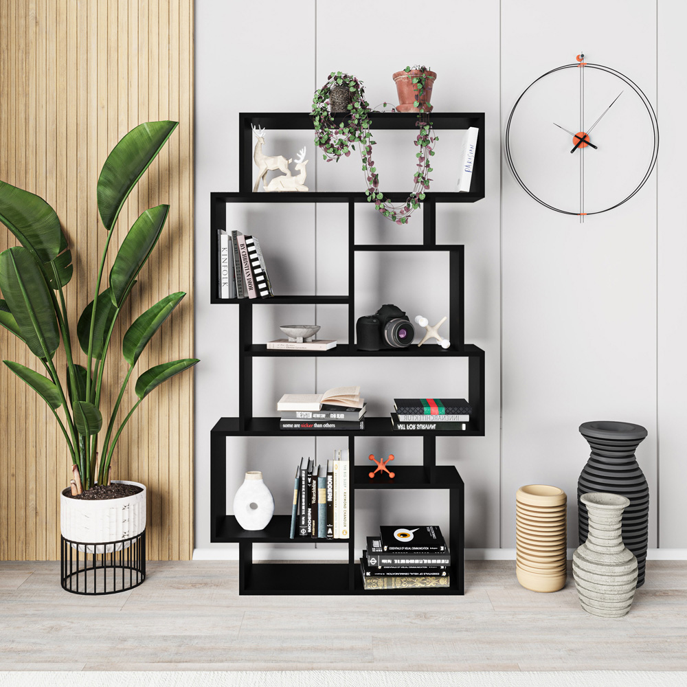 Decortie Karmato 10 Shelf Black Bute Slim Asymmetric Tall Freestanding Bookcase Image 5