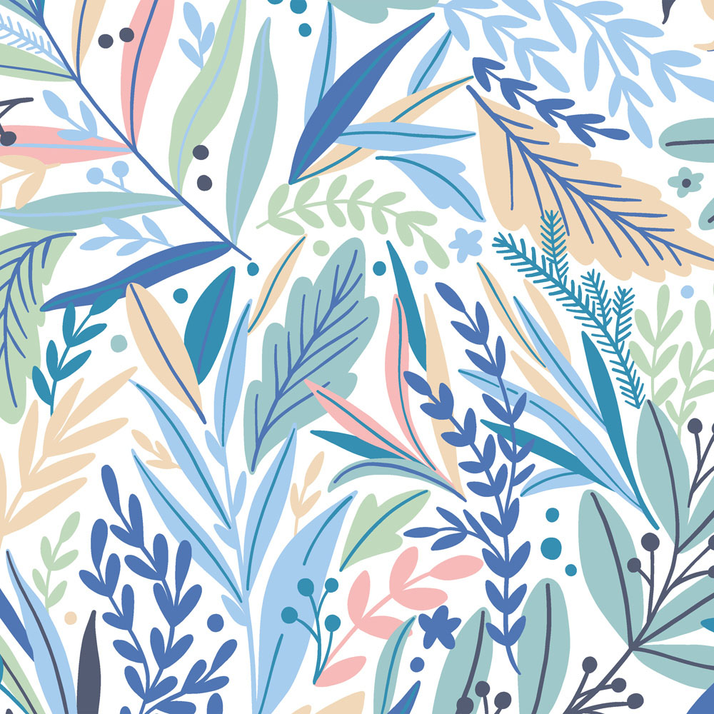 Origin Murals Patterned Leaves Blue Wall Mural Image 2