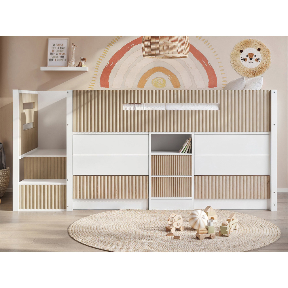 Flair Luca White and Oak Ribbed Mid Sleeper Bed with Chest and Cabinet Image 7