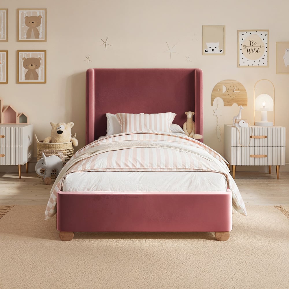 Flair Alma Single Pink Velvet Bed Frame with Winged Headboard Image 5