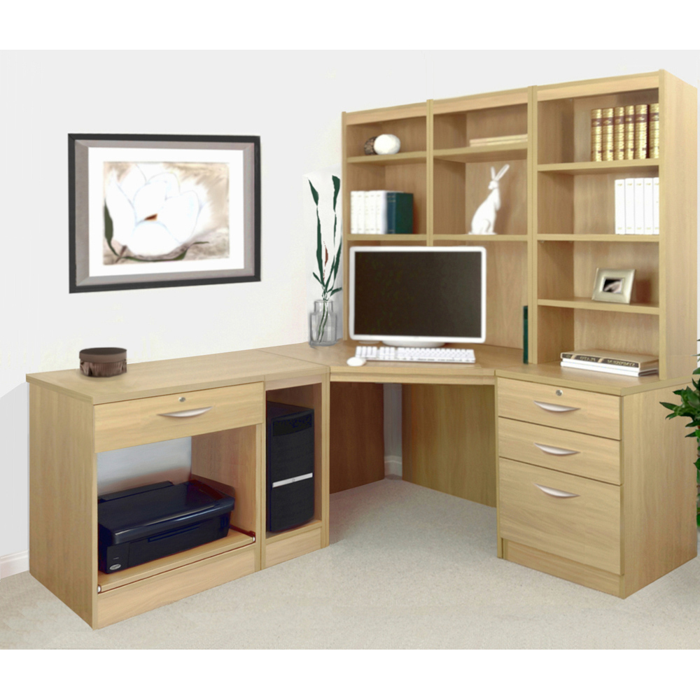 R White Cabinets 4 Drawer Corner Set-20 Computer Desk with Printer Shelf and Bookcase Brown Image 4