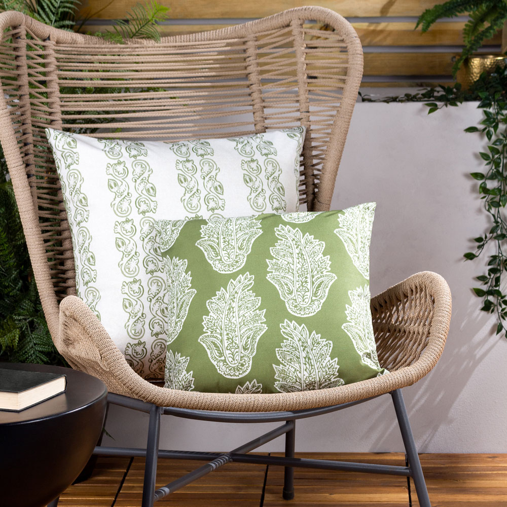 Paoletti Kalindi Olive Stripe Floral UV and Water Resistant Outdoor Cushion Image 4