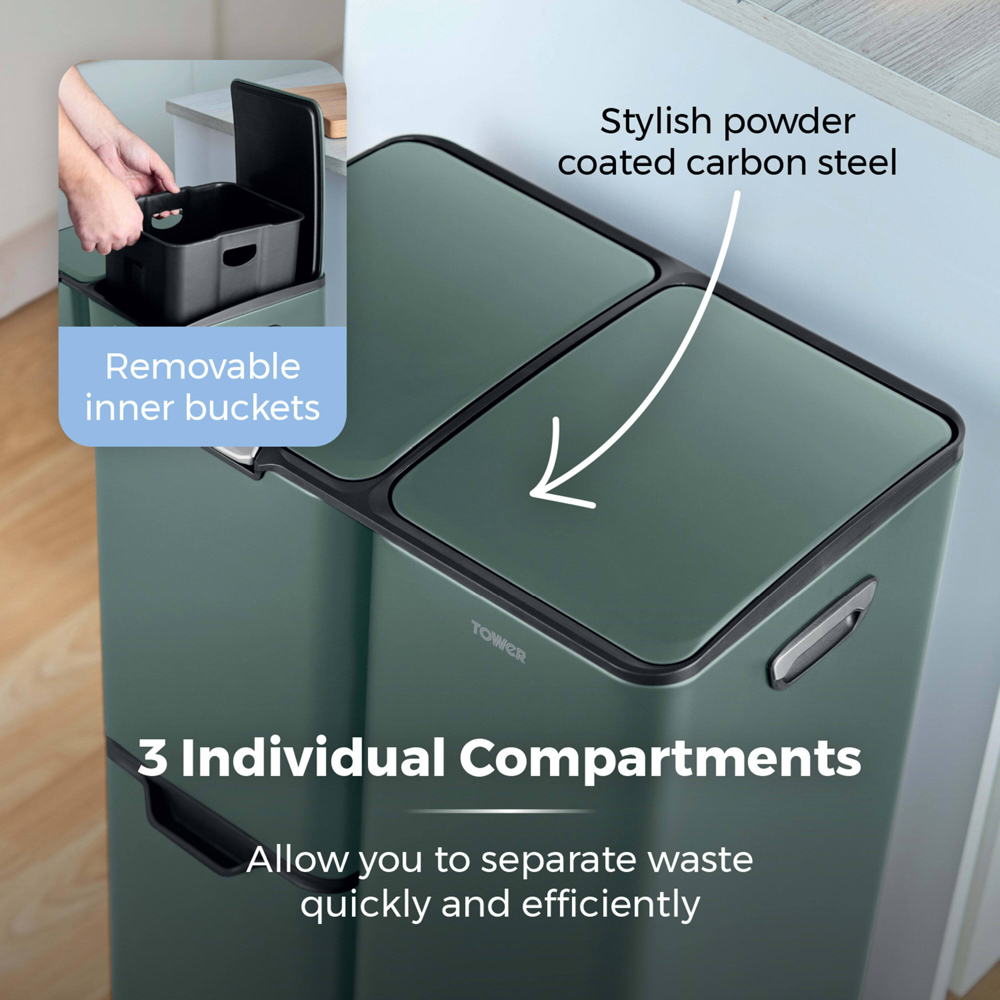 Tower Triple Recycling Green Pedal Bin 60L Image 5