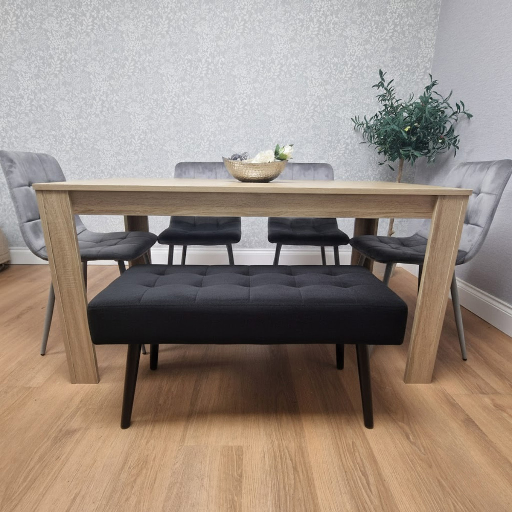 Portland 5 Seater Velvet Wooden Dining Set with Bench Oak Effect Grey and Black Image 5