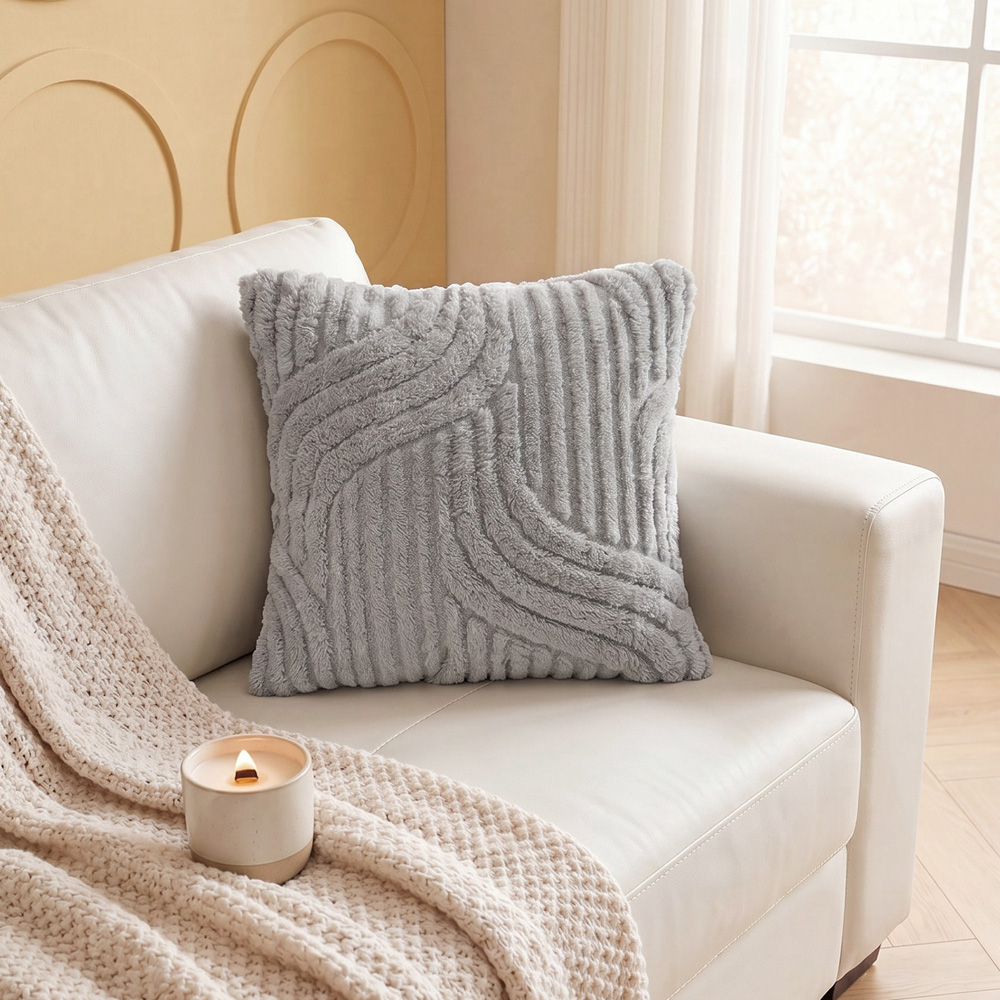 Living and Home Light Grey Minimalist Wavy Geometric Plush Throw Pillow Cover 45 x 45cm Image 2