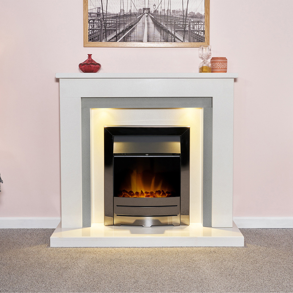 Acantha Dallas White and Grey Marble Fireplace with Downlight and Colorado Electric Fire 42 inch Image 4