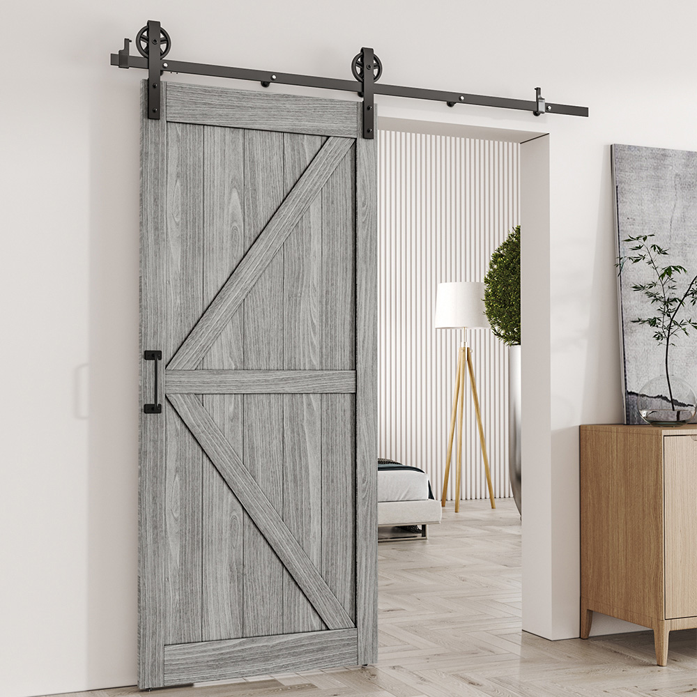 Living and Home Grey Country Style Wooden Barn Sliding Internal Door Kit with Handle 910 x 2130mm Image 2