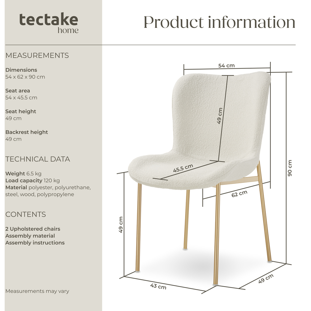 tectake Tessa Set of 2 White and Gold Boucle Padded Dining Chair Image 9