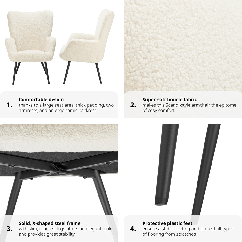 tectake Hygge Cream and Black Boucle Padded Armchair Image 5