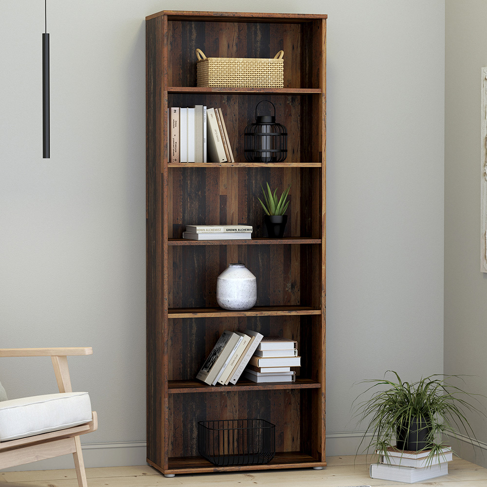 Florence Essential 5 Shelf Vintage Oak Wide Bookcase Image 1