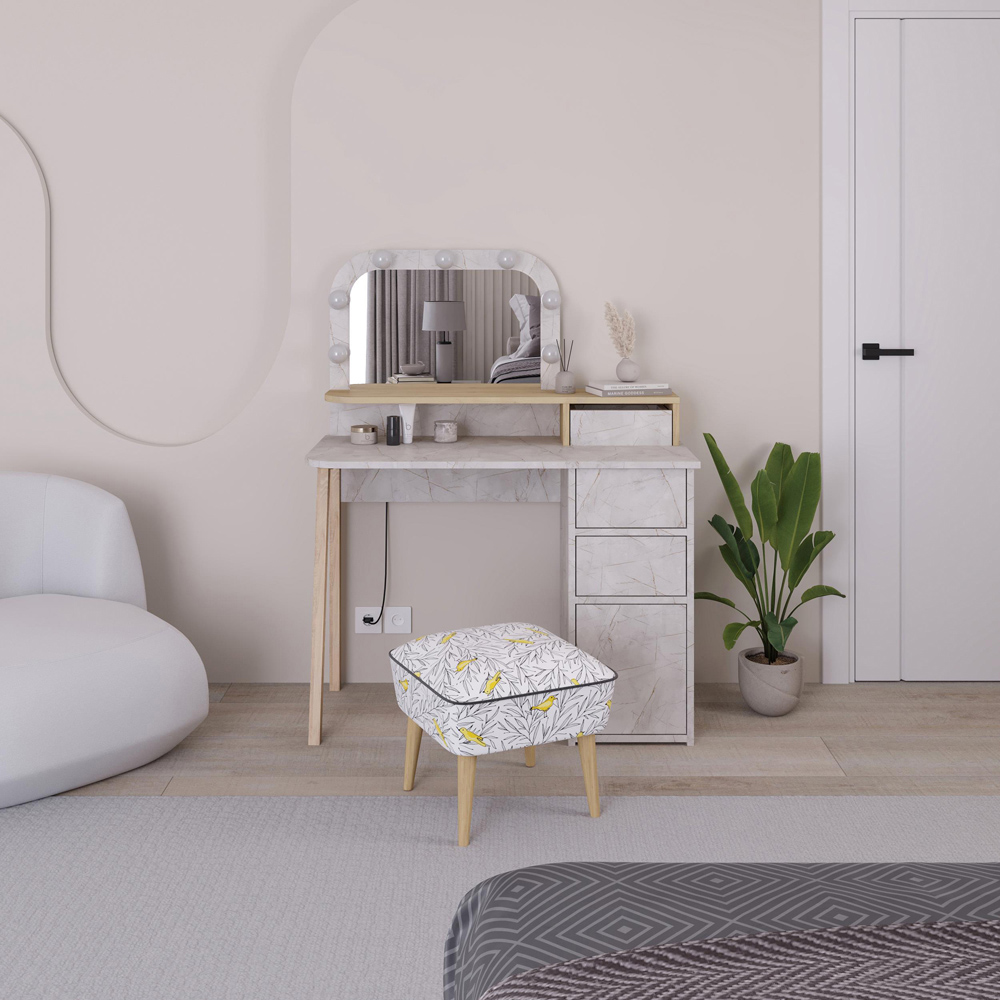 Decortie Avien 3 Drawer Single Door Sapphire Oak Makeup Vanity Table with LED Mirror Image 5