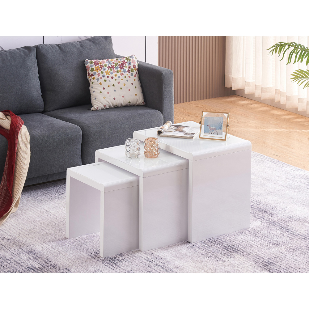 Comfy Living White High Gloss Glass Nest of Tables Set of 3 Image 3