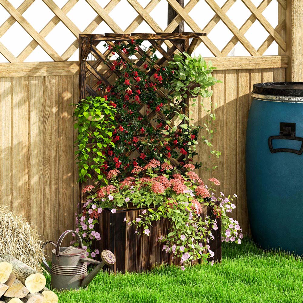 Outsunny Carbonised Wooden Planter with Trellis Image 4