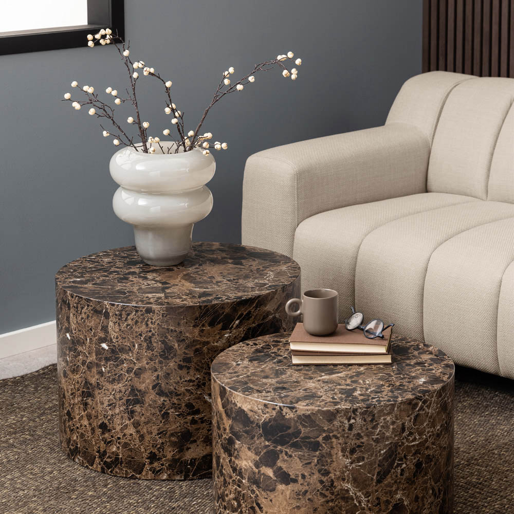 Florence Dice Brown Marble and Delhi Rough Paper Effect Round Coffee Table Set of 2 Image 8