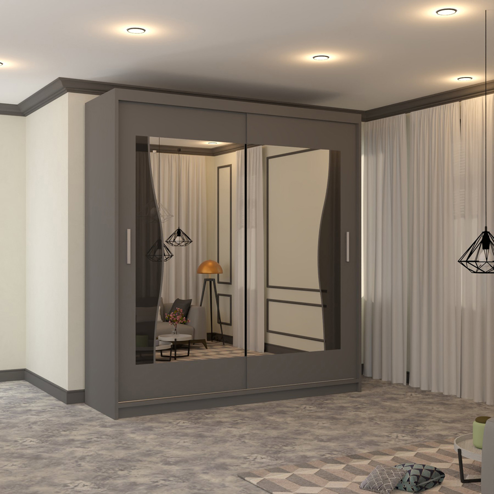 M N Furniture Banton 2 Door Grey Curved Mirrored Sliding Wardrobe 120cm Image 4