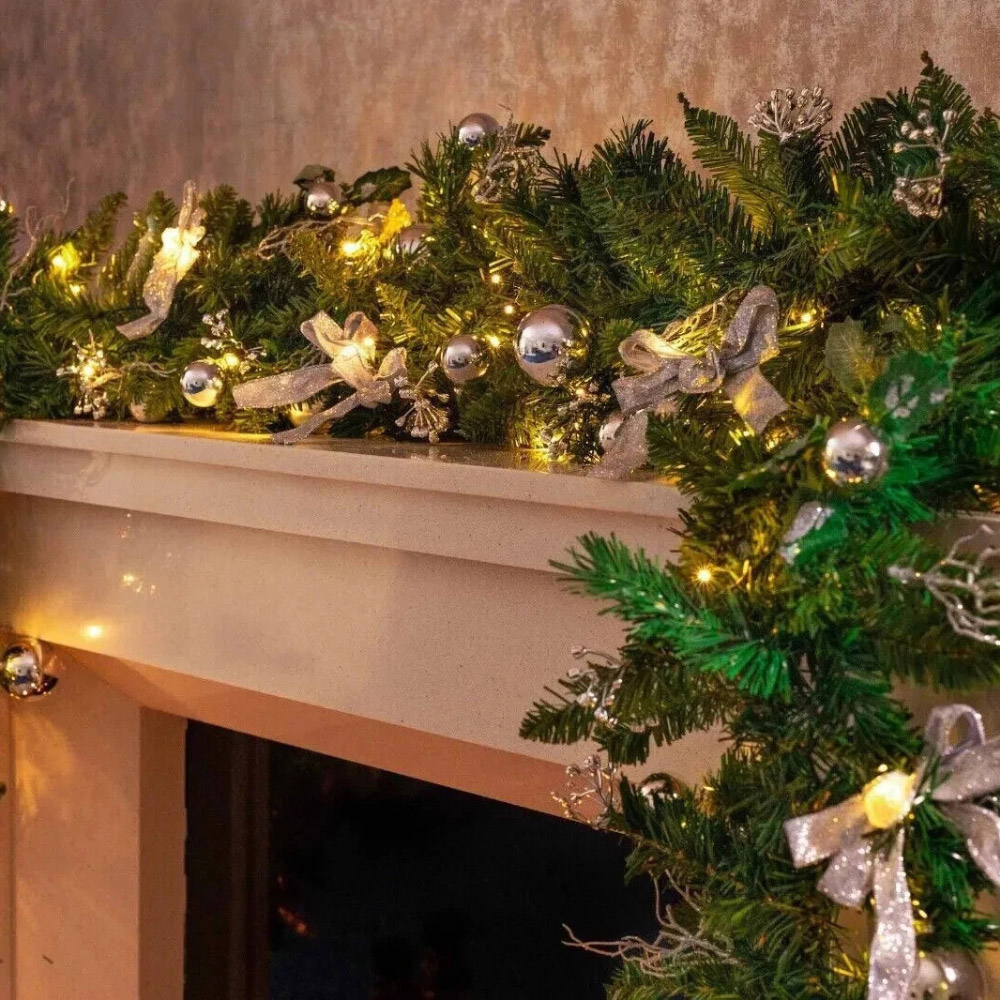 Marco Paul Pine Effect Artificial LED Christmas Garland with Silver Baubles 270cm Image 6