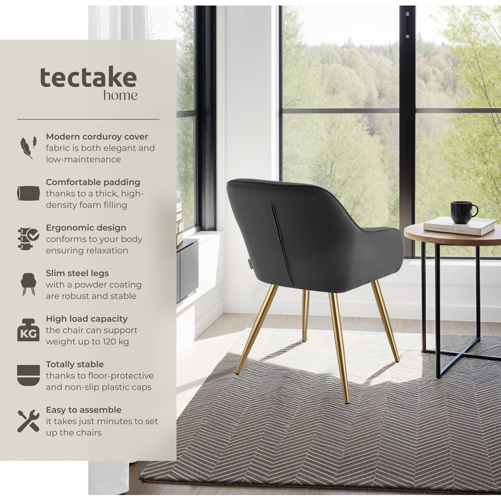tectake Marilyn Set of 2 Anthracite and Gold Corduroy Padded Dining Chair Image 8