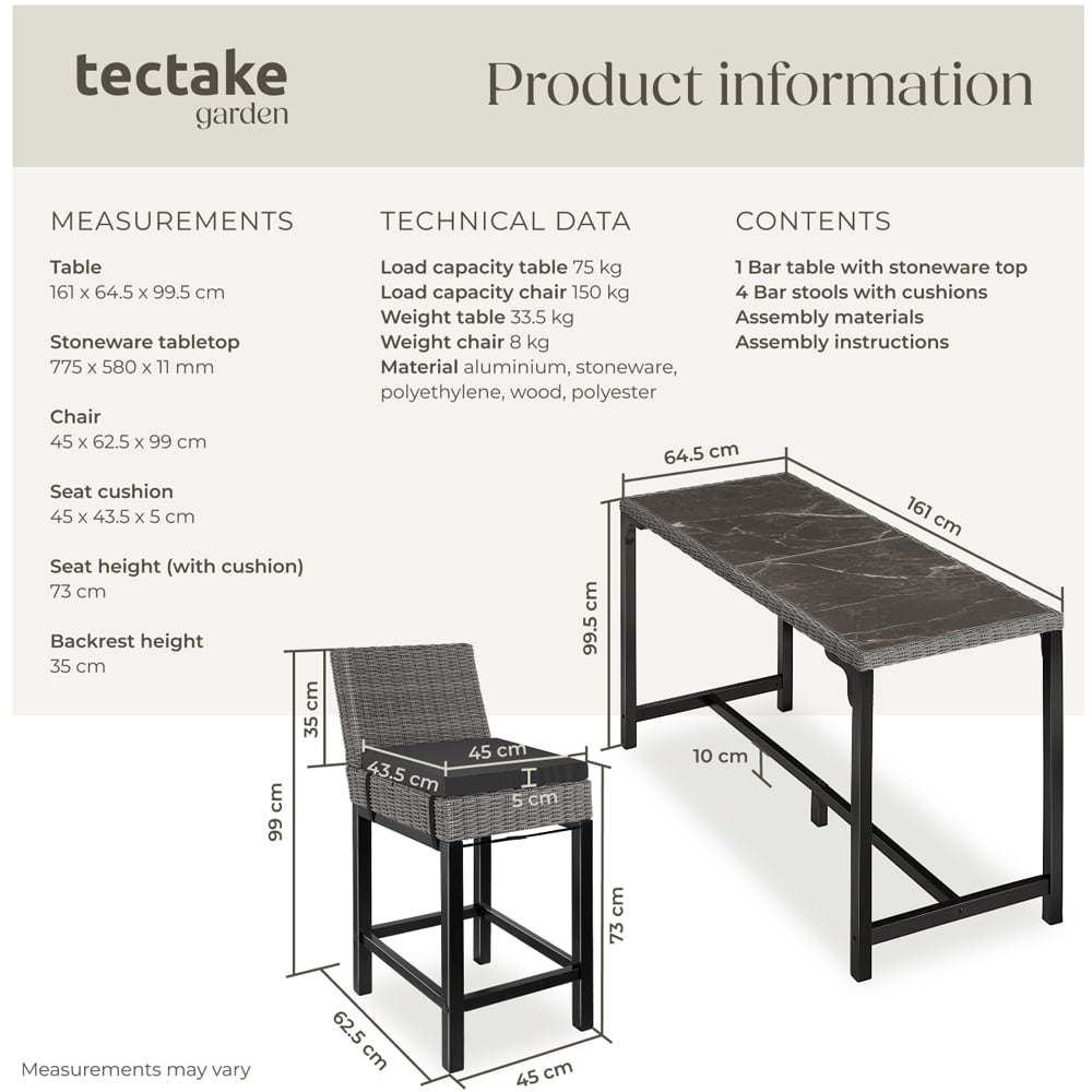 tectake Lovas Latina 4 Seater Poly Rattan Garden Bar Dining Table Grey Image 9