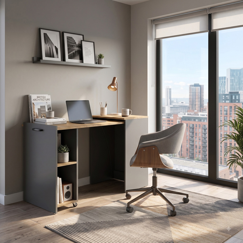 Shefa Line Flexi 2-in-1 2 Shelf Folding Computer Desk Graphite and Wotan Oak Image 5