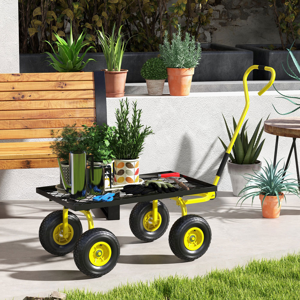 Outsunny Yellow Garden Trolley with Pneumatic Wheels and Rotating Handle Image 5