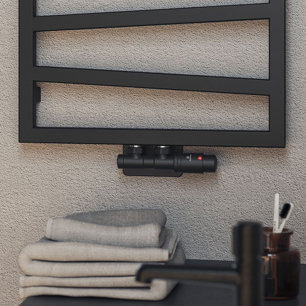 Terma Vario Black Soft Right Sided Twins Angled Integrated Thermostatic Radiator Valve Set 50mm Image 5