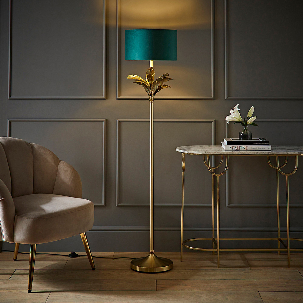 ValueLights Christina Green Velvet and Gold Palm Leaf Floor Lamp with Bulb Image 6