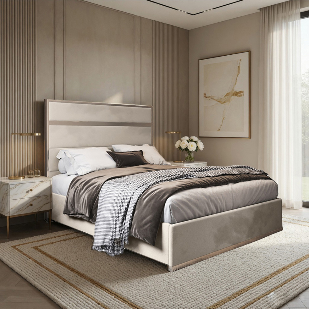 Bentley Silver Small Double Velvet Upholstered Metal Bed Frame with Panelled Headboard Image 5