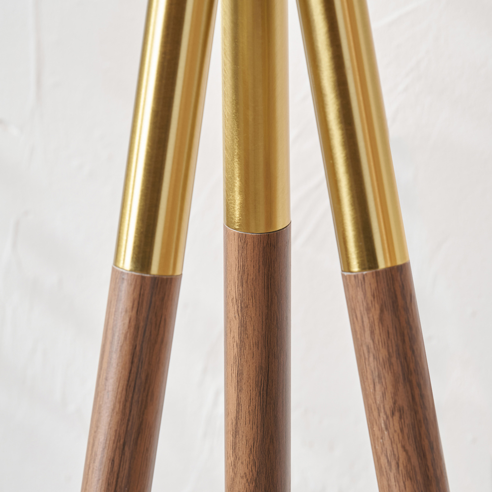 Pacific Lifestyle Vali Gold Metal and Brown Wood Grain Tripod Floor Lamp Image 5