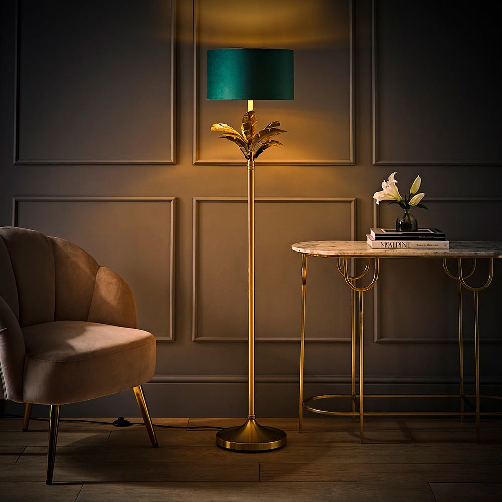 ValueLights Christina Green Velvet and Gold Palm Leaf Floor Lamp with Bulb Image 2