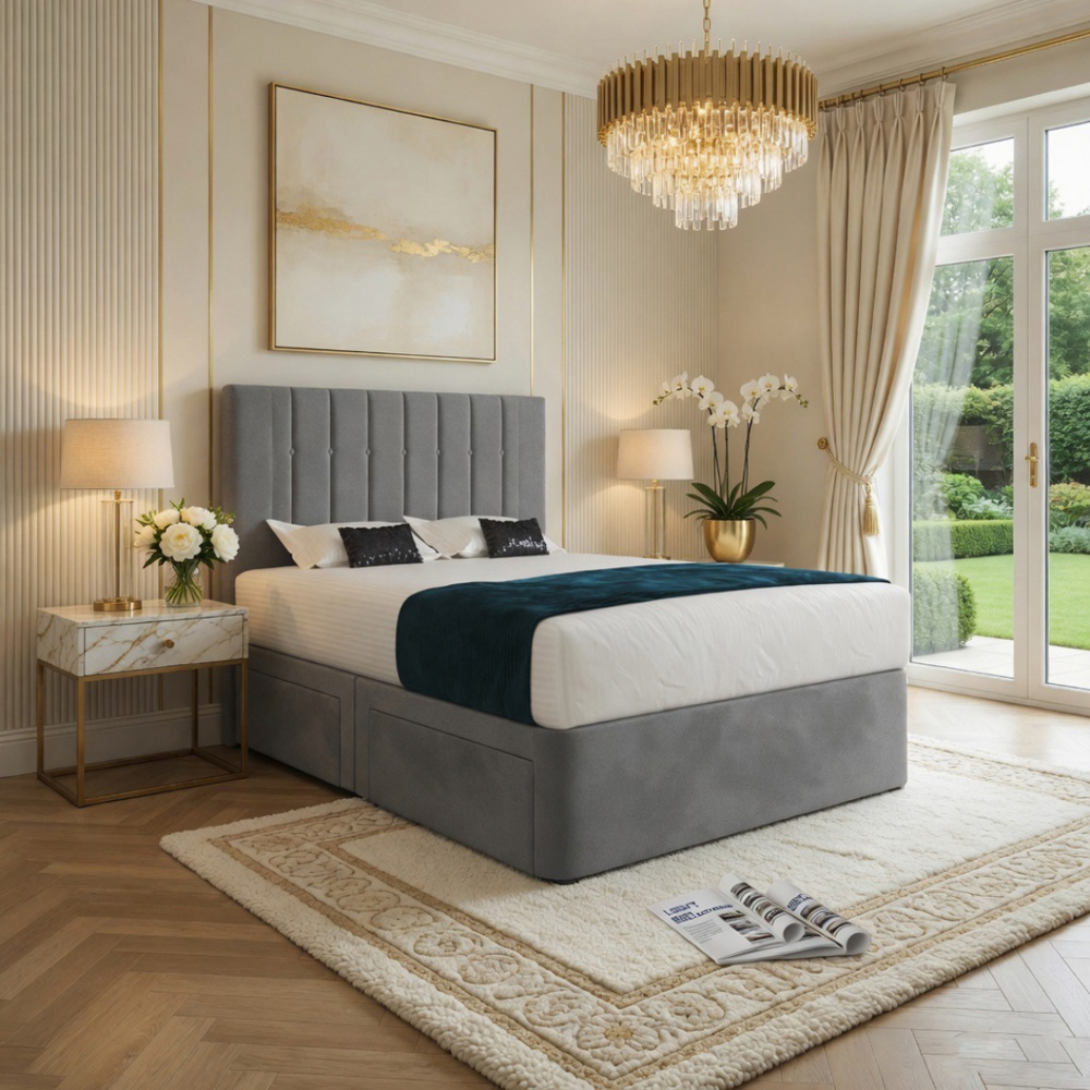 Marcelo Grey King Size Velvet Upholstered Divan Bed Frame with Linear Headboard Image 5