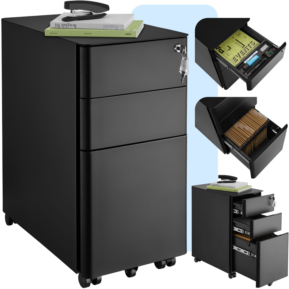 tectake Parvus 3 Drawer Black Lockable Filing Cabinet Image 2