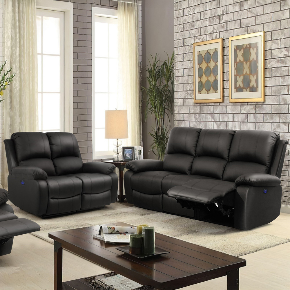 Comfy Living 5 Seater Black PU Leather Electric Recliner Sofa Set Image 1