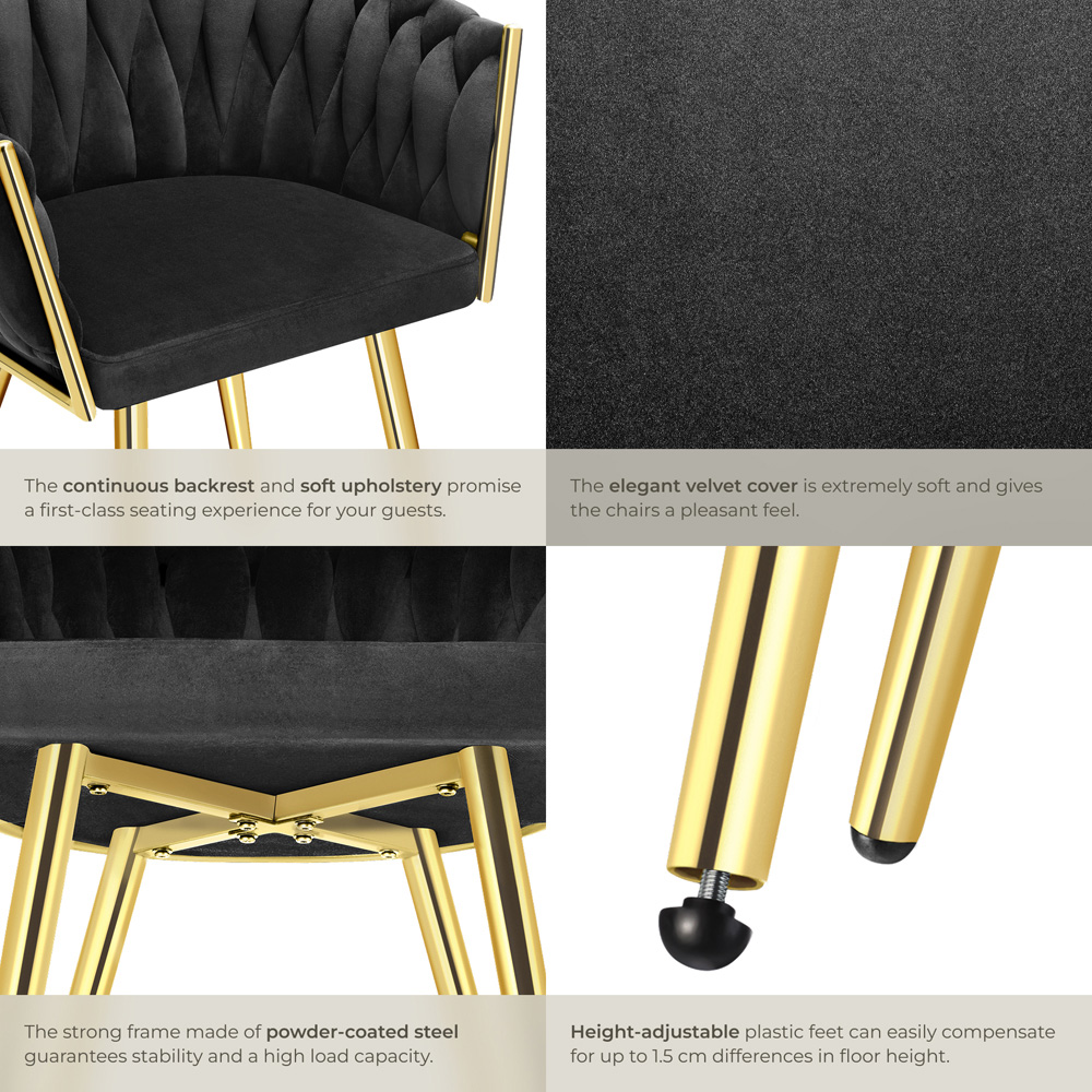 tectake Astano Set of 6 Black and Gold Velvet Padded Knot Design Dining Chair Image 6