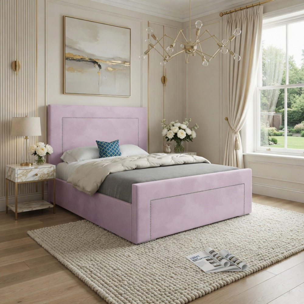 Lucca Pink Double Velvet Upholstered Bed Frame with High Headboard Image 5