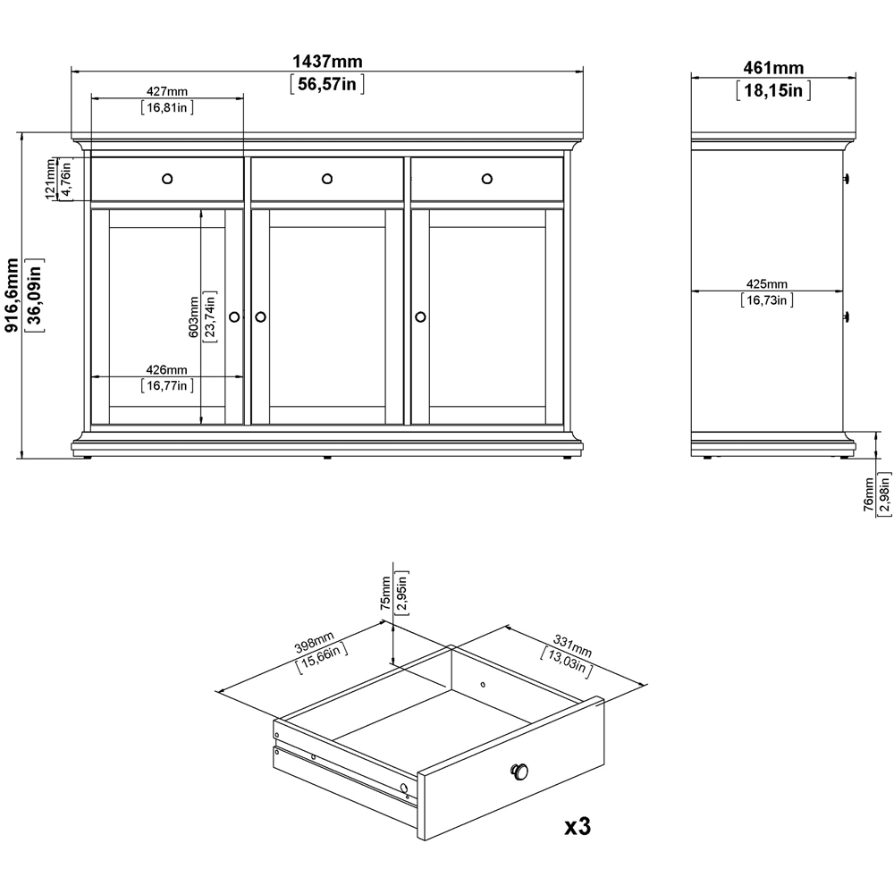 Florence 3 Door 3 Drawer White Sideboard Image 8