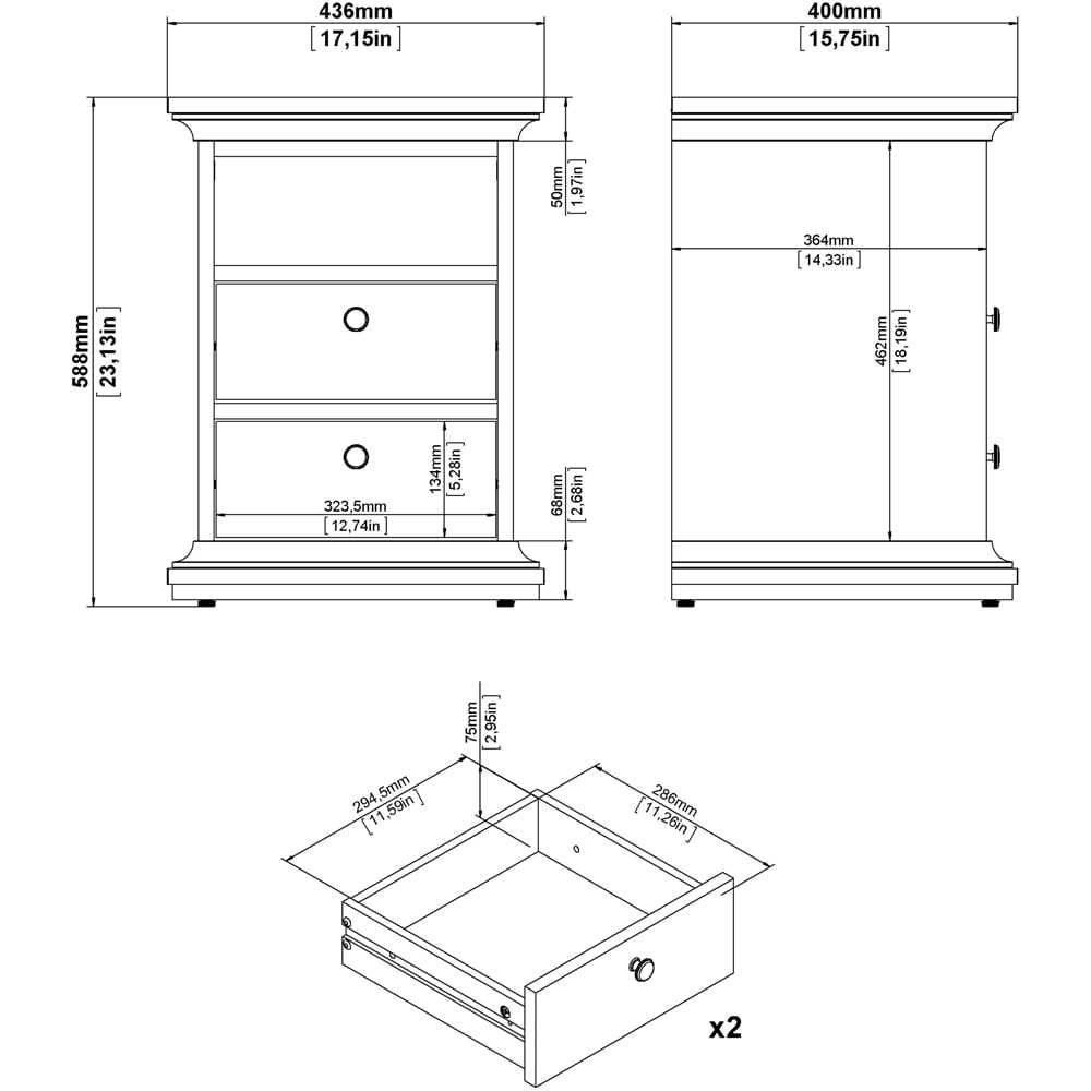 Florence Paris 2 Drawer White Bedside Table Image 8
