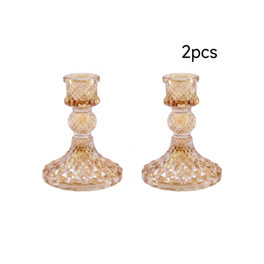 Living and Home Amber Glass Candlestick Holder Set of 2 Image 3