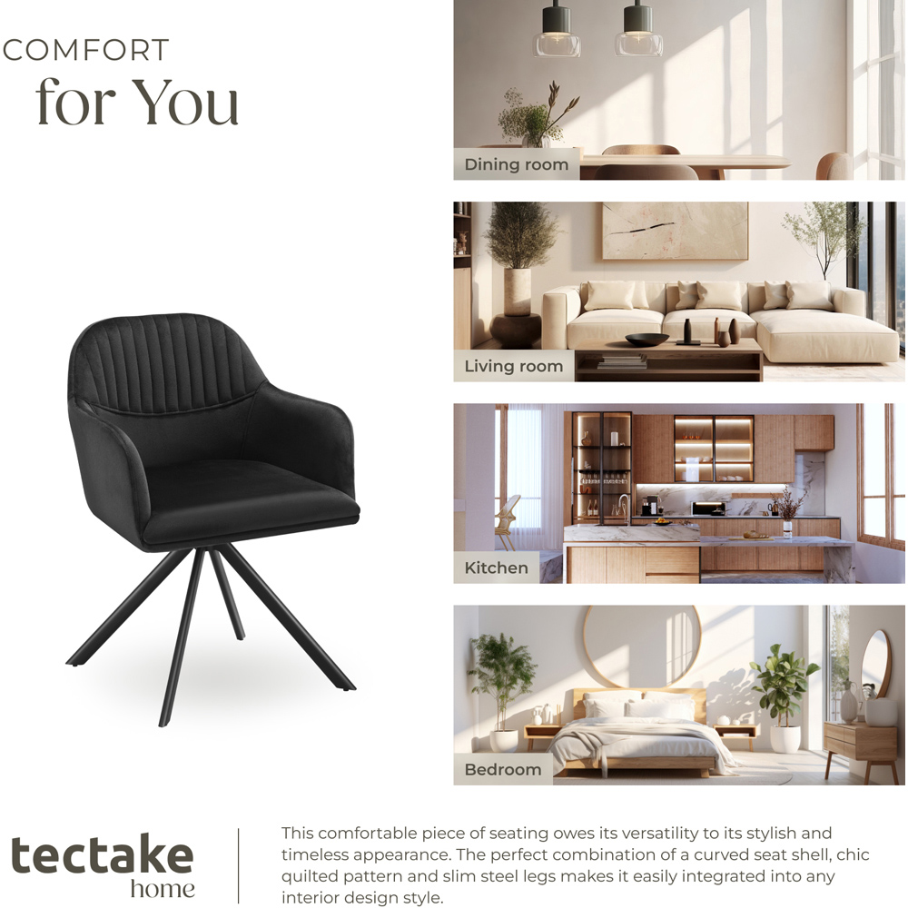 tectake Lona Set of 4 Black Velvet Upholstered Swivel Armchair Image 7