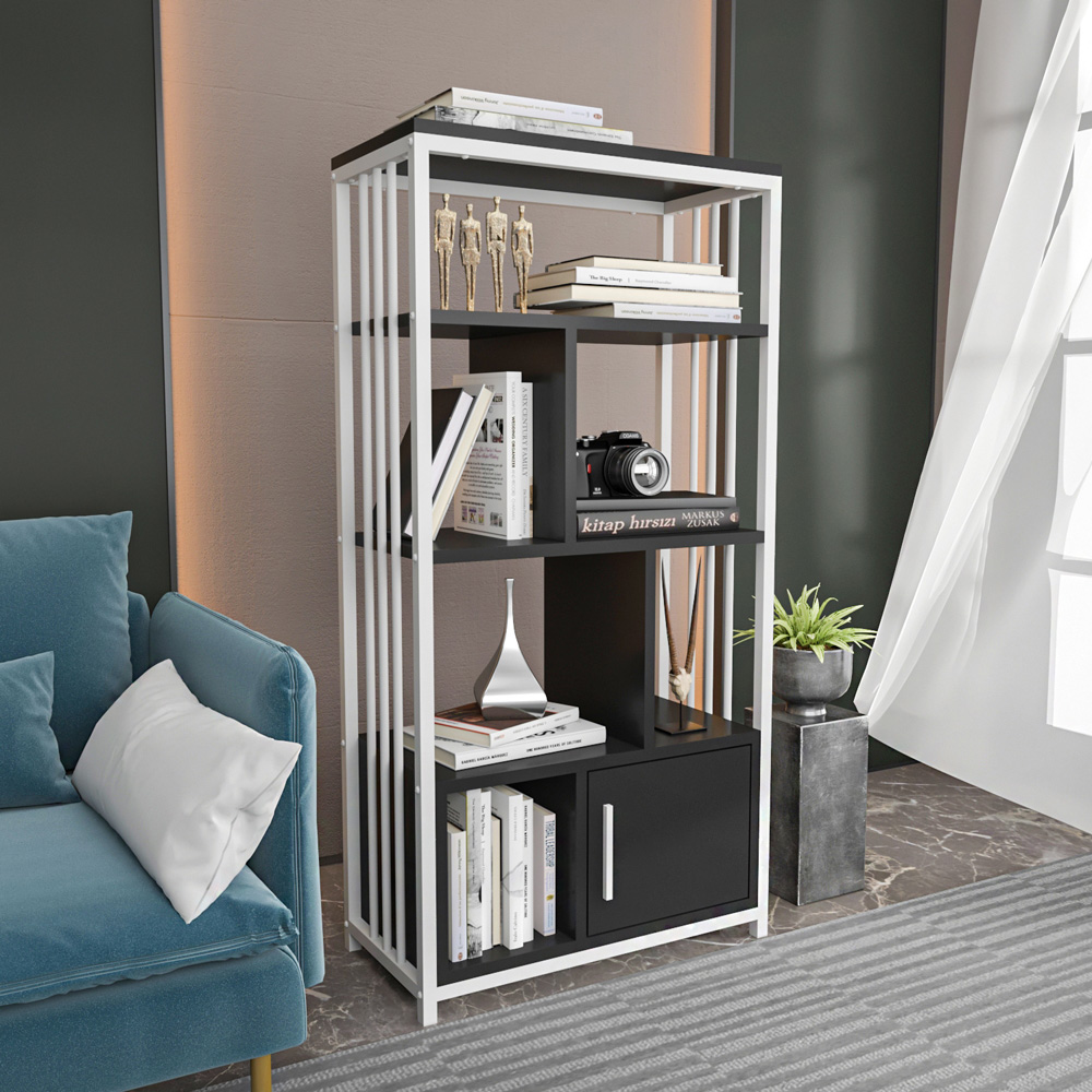 Decorotika Valero Single Door 7 Shelf White and Black Bookcase Image 4