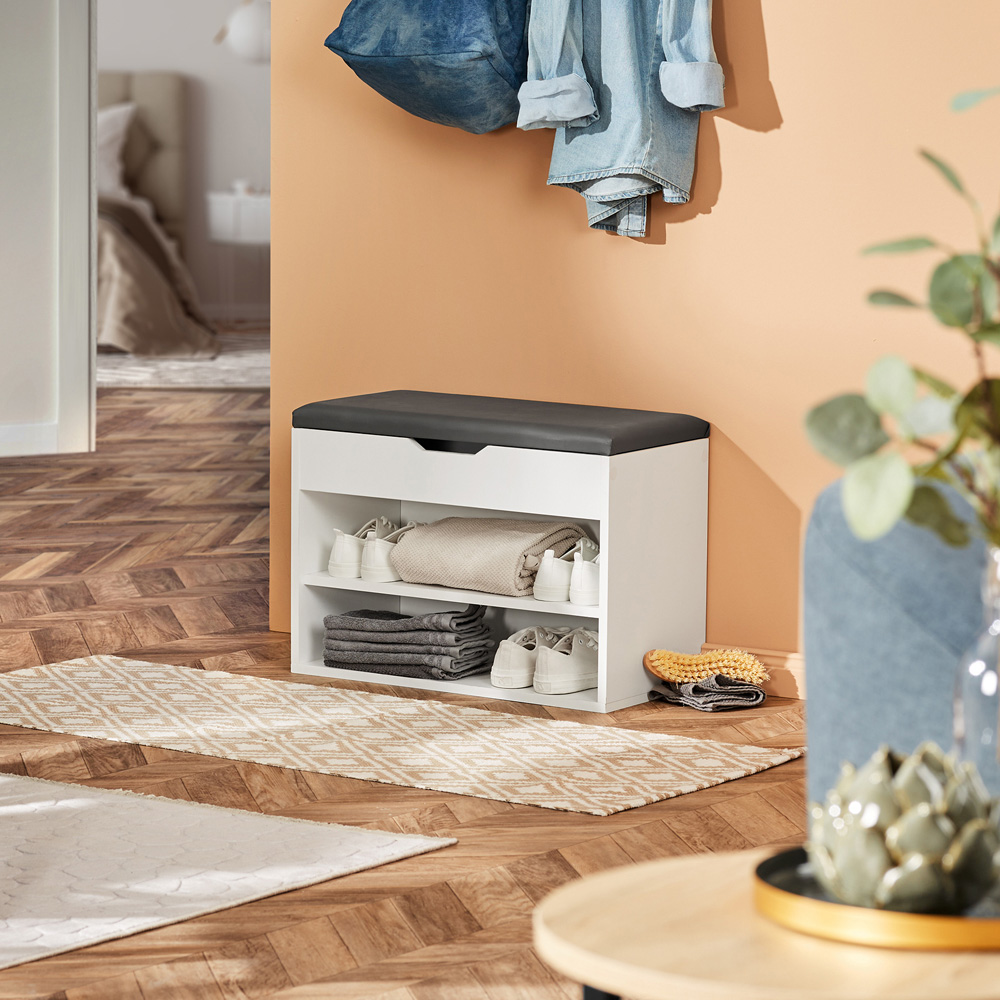 tectake Jasmina 2 Shelf White Shoe Rack Bench with Cushion Image 8