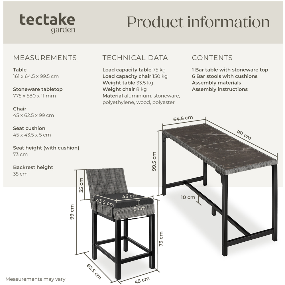 tectake Lovas Latina 6 Seater Poly Rattan Garden Bar Dining Table Grey Image 9