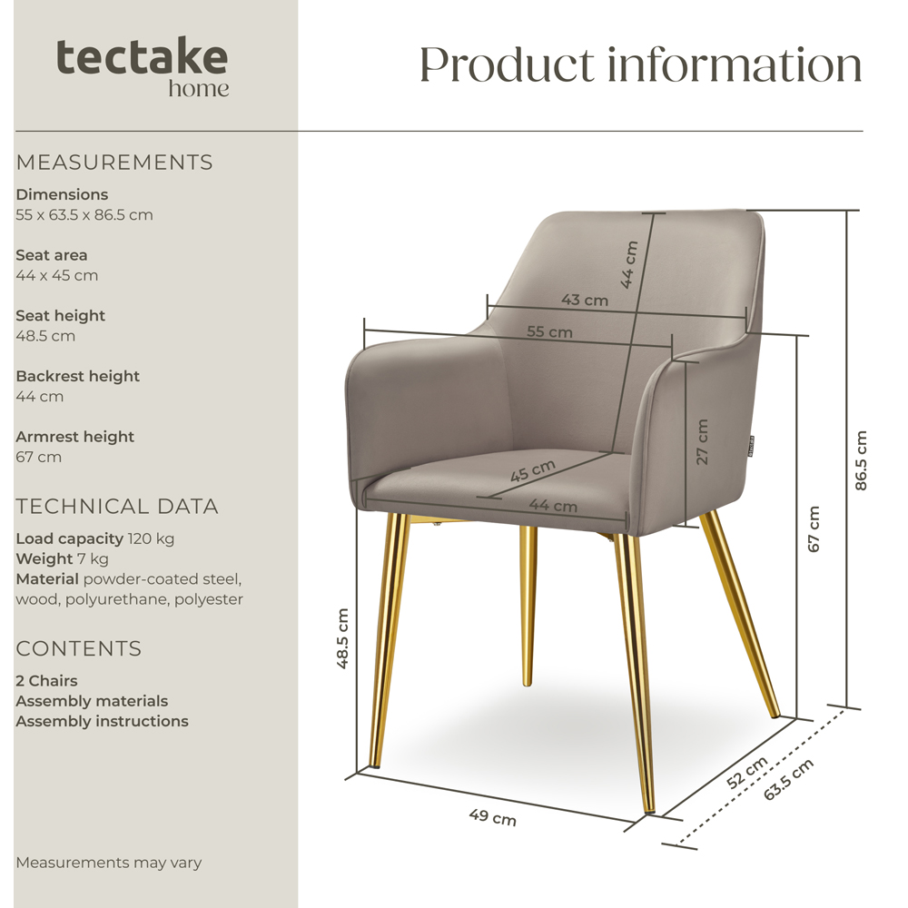 tectake Avane Set of 2 Taupe Velvet Look Padded Dining Chair Image 9