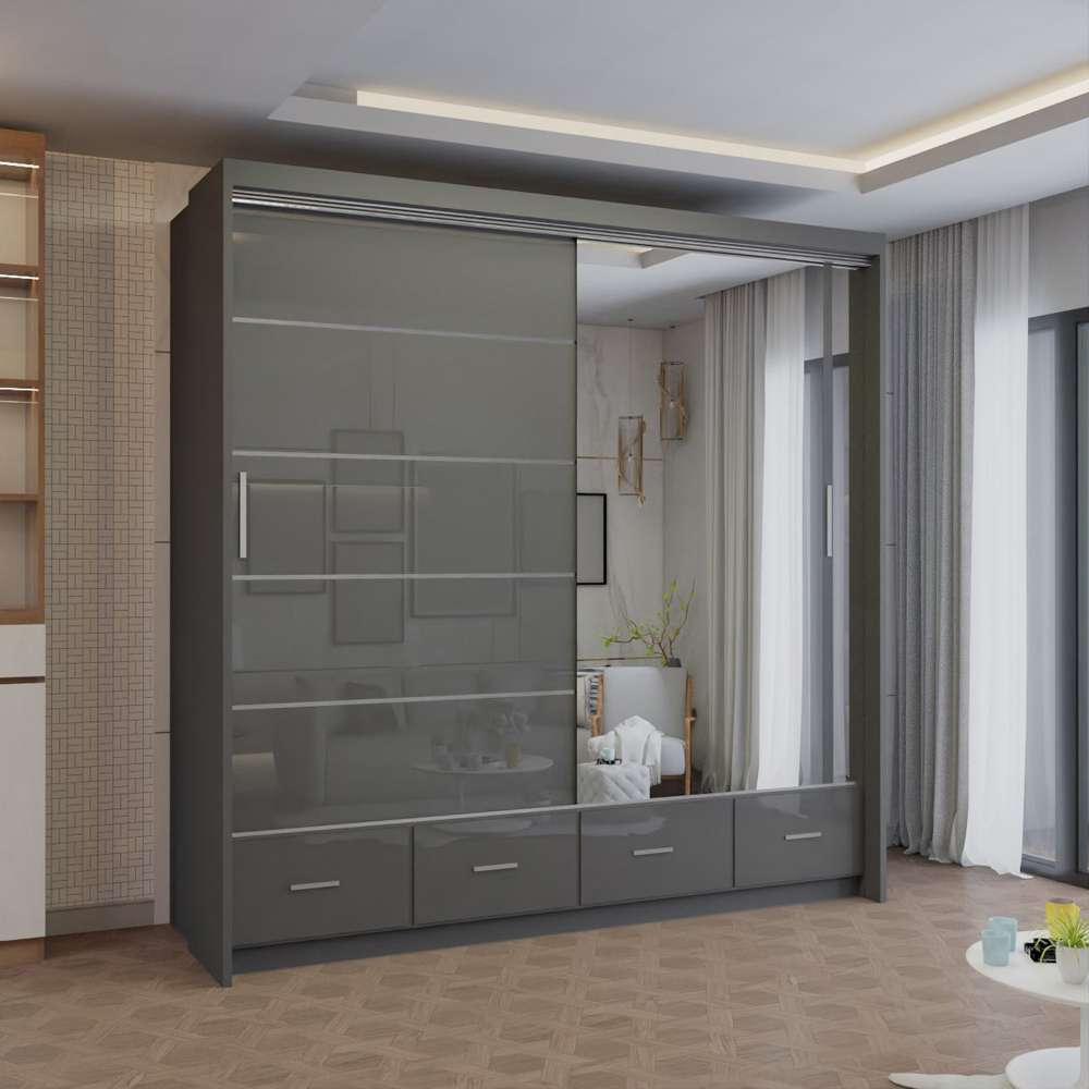 M N Furniture Seliyaa 2 Door 4 Drawer Grey High Gloss Sliding Door Wardrobe 203cm Image 5